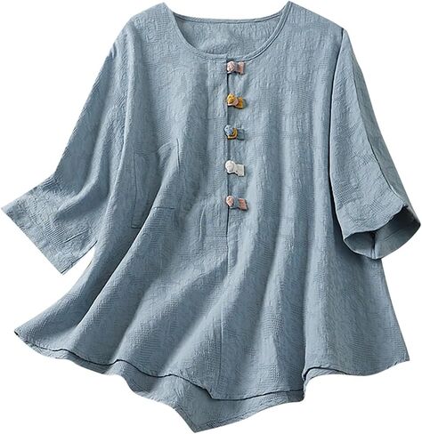 Oversized Tshirts for Women Linen Casual Fashion Crewneck Half Sleeve Solid Tees Summer Lightweight Going Out Blouse in Kuwait