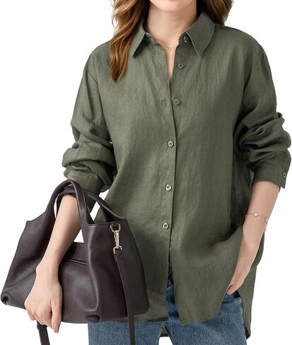 Simple＆Opulence Womens Oversize Button Down Shirt Long Sleeve Linen Top V Neck Loose Fit Shirt Casual Office Work Tops in Saudi Arabia