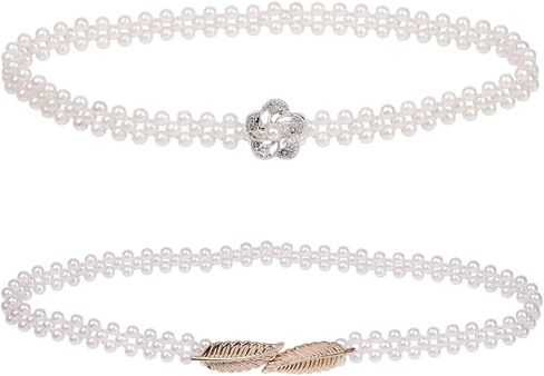 HomeSoGood 2Pcs Elegant Women Imitation Pearls Belt, Wedding Bridal Waist Belt Elastic Buckle Pearl Chain Belt for Female Girls Dress Strap in Kuwait