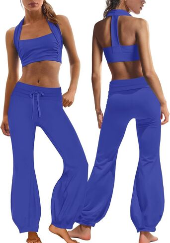 Nirovien Womens Two Piece Workout Sets Athletic Yoga Set Halter Sports Bra and Fold Over Flare Leggings Pilates Gym Outfits in Saudi Arabia