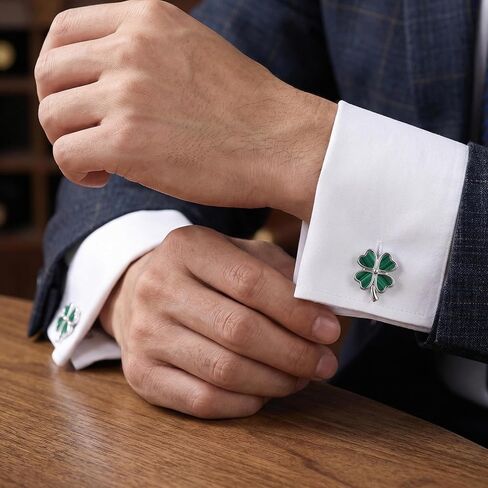 Four Leaf Clover Cufflinks 925 Silver Green Malachite 4 Leaf Clover Cufflinks for Men Women Good Luck St Patrick’s Day Accessories with a Gift Box in Kuwait