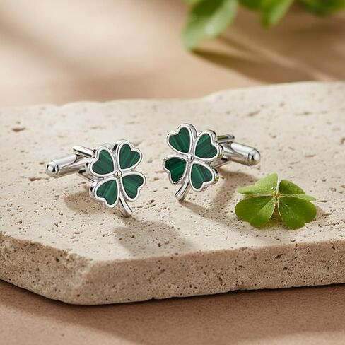 Four Leaf Clover Cufflinks 925 Silver Green Malachite 4 Leaf Clover Cufflinks for Men Women Good Luck St Patrick’s Day Accessories with a Gift Box in Kuwait