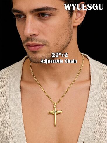 Cross Necklace for Men 14K Gold Nail Cross Jewelry Christian Religious Anniversary Birthday Gifts for Husband, Boyfriend, Father with 2.5mm 22"+2" Rolo Chain in Saudi Arabia