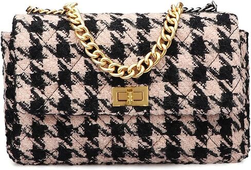 BERTY·PUYI PU Leather Houndstooth Ladies Shoulder Bag Autumn And Winter Fashion Woolen Cloth Crossbody Bag Chain crossbody handbag, Brown and black in Kuwait