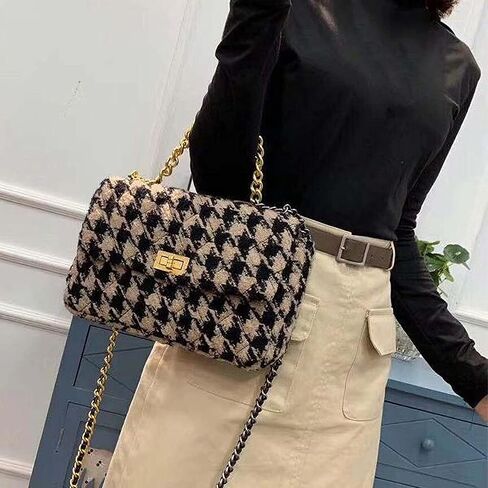 BERTY·PUYI PU Leather Houndstooth Ladies Shoulder Bag Autumn And Winter Fashion Woolen Cloth Crossbody Bag Chain crossbody handbag, Brown and black in Kuwait