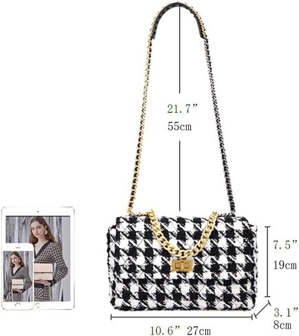 BERTY·PUYI PU Leather Houndstooth Ladies Shoulder Bag Autumn And Winter Fashion Woolen Cloth Crossbody Bag Chain crossbody handbag, Brown and black in Kuwait