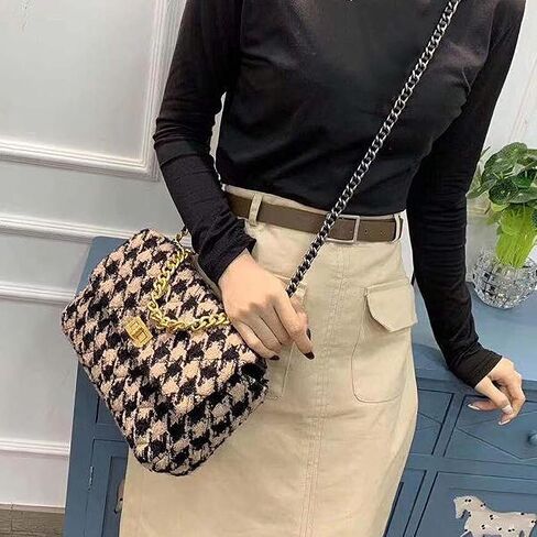 BERTY·PUYI PU Leather Houndstooth Ladies Shoulder Bag Autumn And Winter Fashion Woolen Cloth Crossbody Bag Chain crossbody handbag, Brown and black in Kuwait