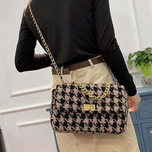 BERTY·PUYI PU Leather Houndstooth Ladies Shoulder Bag Autumn And Winter Fashion Woolen Cloth Crossbody Bag Chain crossbody handbag, Brown and black in Kuwait