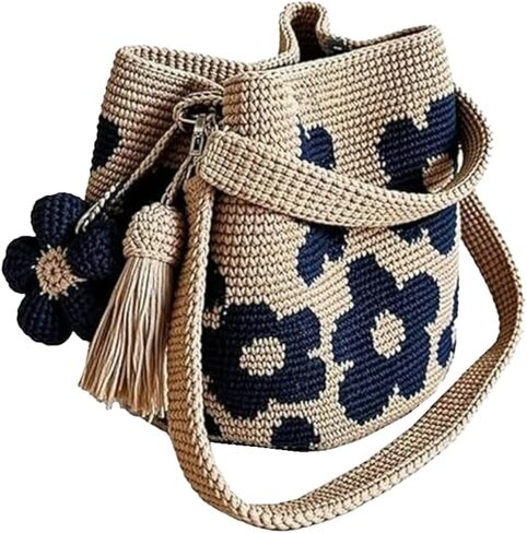 Handmade Crochet Flower Tote Bag for Women Woven Bucket Hobo Purse Casual Knit Summer Shoulder Bag in Kuwait