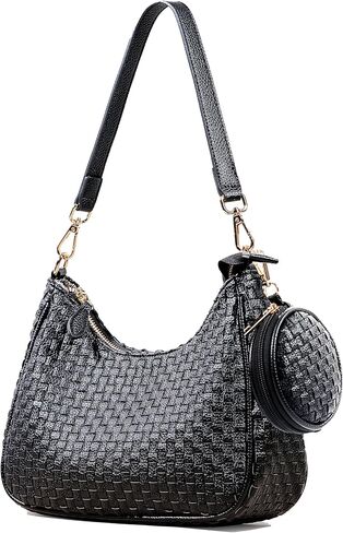 Woven Shoulder Bag for Women, Black Vegan Leather Slouchy Hobo Purse, Y2K Crossbody Handbag Crescent Tote in Saudi Arabia