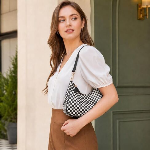 Woven Shoulder Bag for Women, Black Vegan Leather Slouchy Hobo Purse, Y2K Crossbody Handbag Crescent Tote in Saudi Arabia
