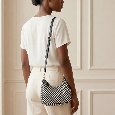 Woven Shoulder Bag for Women, Black Vegan Leather Slouchy Hobo Purse, Y2K Crossbody Handbag Crescent Tote in Saudi Arabia