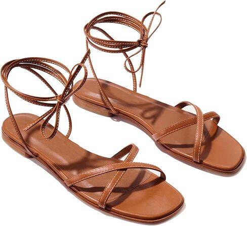 Strappy Flats Sandals for Women Summer Gladiator Lace Up Flat Sandals Open Square Toe Casual Beach Slides Sandals in Saudi Arabia