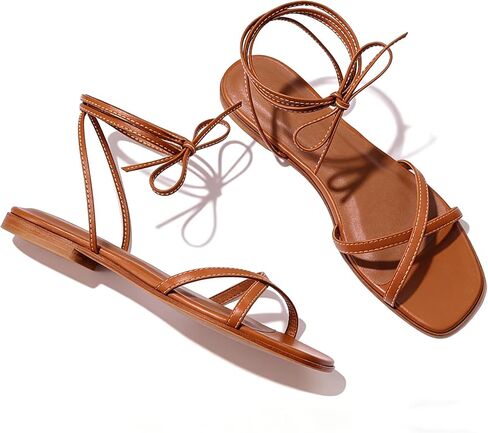 Strappy Flats Sandals for Women Summer Gladiator Lace Up Flat Sandals Open Square Toe Casual Beach Slides Sandals in Saudi Arabia