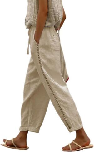 Neband Casual Linen Pants for Women Summer Pants Lightweight Ankle Crop Pants Elastic Waist Drawstring Beach Lounge Pants in Saudi Arabia