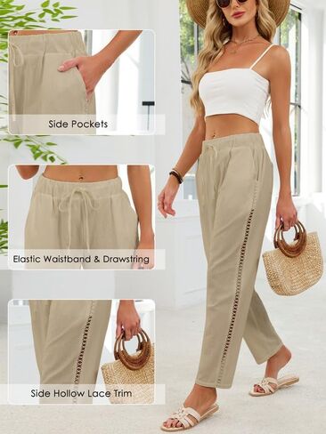 Neband Casual Linen Pants for Women Summer Pants Lightweight Ankle Crop Pants Elastic Waist Drawstring Beach Lounge Pants in Saudi Arabia
