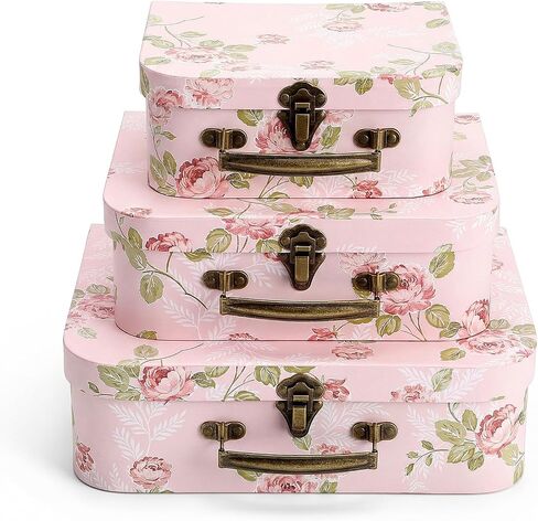 3 Pack Decorative Suitcase Storage Boxes with Lids, Pink Floral Paperboard Gift Boxes | Vintage Stackable Keepsake Containers for Photos, Jewelry & Home Decor for Wedding, Birthday Gifts in Saudi Arabia