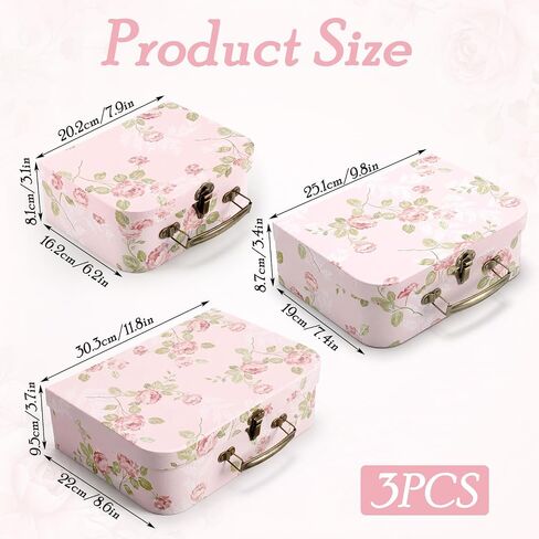 3 Pack Decorative Suitcase Storage Boxes with Lids, Pink Floral Paperboard Gift Boxes | Vintage Stackable Keepsake Containers for Photos, Jewelry & Home Decor for Wedding, Birthday Gifts in Saudi Arabia