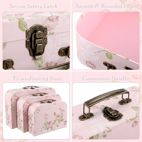 3 Pack Decorative Suitcase Storage Boxes with Lids, Pink Floral Paperboard Gift Boxes | Vintage Stackable Keepsake Containers for Photos, Jewelry & Home Decor for Wedding, Birthday Gifts in Saudi Arabia