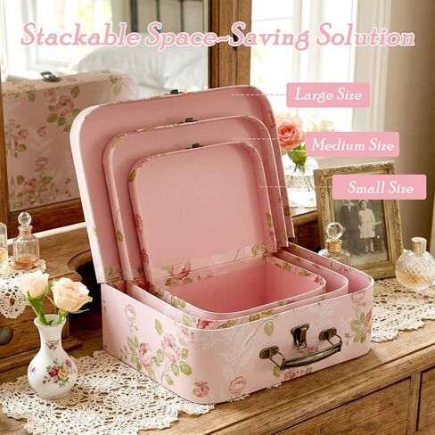 3 Pack Decorative Suitcase Storage Boxes with Lids, Pink Floral Paperboard Gift Boxes | Vintage Stackable Keepsake Containers for Photos, Jewelry & Home Decor for Wedding, Birthday Gifts in Saudi Arabia