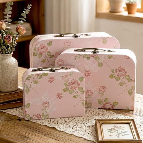 3 Pack Decorative Suitcase Storage Boxes with Lids, Pink Floral Paperboard Gift Boxes | Vintage Stackable Keepsake Containers for Photos, Jewelry & Home Decor for Wedding, Birthday Gifts in Saudi Arabia