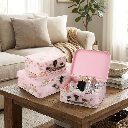 3 Pack Decorative Suitcase Storage Boxes with Lids, Pink Floral Paperboard Gift Boxes | Vintage Stackable Keepsake Containers for Photos, Jewelry & Home Decor for Wedding, Birthday Gifts in Saudi Arabia
