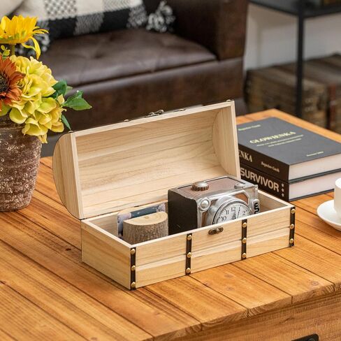 Vintiquewise Unfinished Vintage-Style Wooden Treasure Chest Dome Top Leather Bands Antique Brass Studs & Locking Latch Decorative Storage Box for Home Display Pirate -Themed Decor or Functional Use in Saudi Arabia