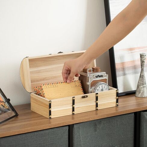 Vintiquewise Unfinished Vintage-Style Wooden Treasure Chest Dome Top Leather Bands Antique Brass Studs & Locking Latch Decorative Storage Box for Home Display Pirate -Themed Decor or Functional Use in Saudi Arabia
