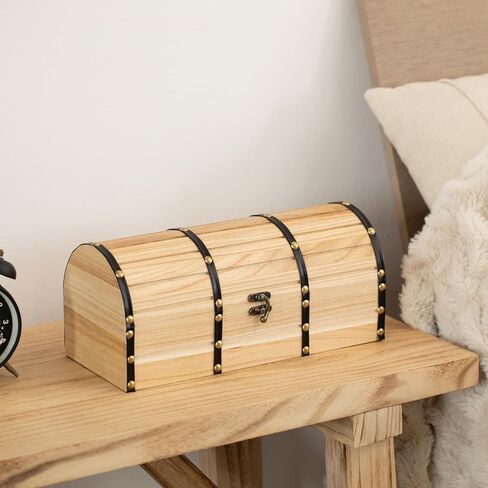 Vintiquewise Unfinished Vintage-Style Wooden Treasure Chest Dome Top Leather Bands Antique Brass Studs & Locking Latch Decorative Storage Box for Home Display Pirate -Themed Decor or Functional Use in Saudi Arabia