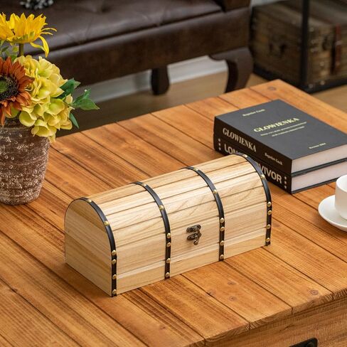 Vintiquewise Unfinished Vintage-Style Wooden Treasure Chest Dome Top Leather Bands Antique Brass Studs & Locking Latch Decorative Storage Box for Home Display Pirate -Themed Decor or Functional Use in Saudi Arabia
