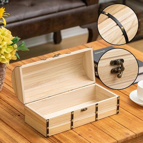 Vintiquewise Unfinished Vintage-Style Wooden Treasure Chest Dome Top Leather Bands Antique Brass Studs & Locking Latch Decorative Storage Box for Home Display Pirate -Themed Decor or Functional Use in Saudi Arabia