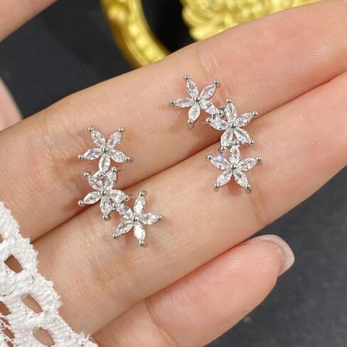 أقراط أذن متسلقة على شكل زهرة للنساء أقراط أذن متسلقة من الكريستال الفضي والزهور أقراط أذن أنيقة على شكل زهرة مجوهرات هدايا in Kuwait