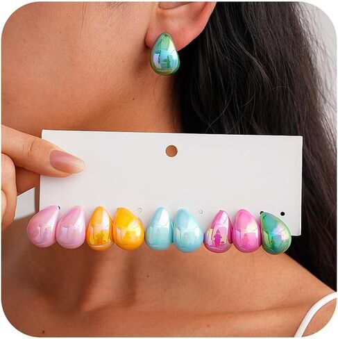 5 Pairs Colorful Teardrop Stud Earrings Set Lightweight Iridescent Acrylic Statement Earrings for Women Summer Geometric Outfit Accessories Gifts in Saudi Arabia