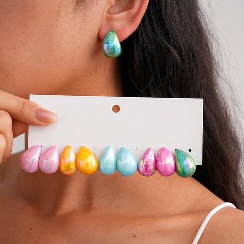 5 Pairs Colorful Teardrop Stud Earrings Set Lightweight Iridescent Acrylic Statement Earrings for Women Summer Geometric Outfit Accessories Gifts in Saudi Arabia