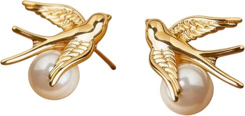 Bird Pearl Stud Earrings for Women – Hypoallergenic 18K Gold Plated, Swallow Inspired Minimalist Design in Saudi Arabia