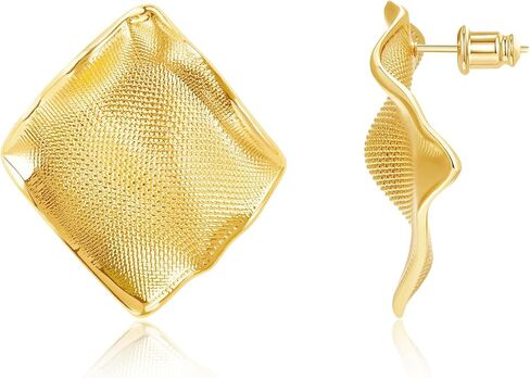 18K Gold Plated Statement Stud Earrings for Women Hypoallergenic Geometric Wave Earrings Irregular Textured Chunky Fashion Jewelry Gifts for Womens in Saudi Arabia