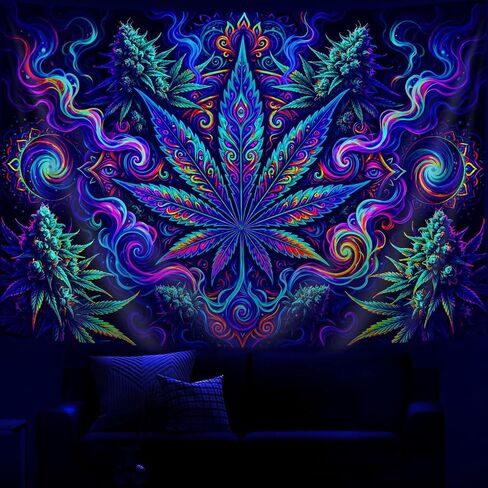 Lacoiime Blacklight Cool Trippy Weed Tapestry - UV Reactive Glow in the Dark Neon Marijuana Cannabis Leaf Wall Hanging, Vibrant Art Hippie for Bedroom, Living Room Decor 60X40 inch in Saudi Arabia