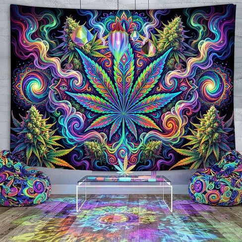 Lacoiime Blacklight Cool Trippy Weed Tapestry - UV Reactive Glow in the Dark Neon Marijuana Cannabis Leaf Wall Hanging, Vibrant Art Hippie for Bedroom, Living Room Decor 60X40 inch in Saudi Arabia