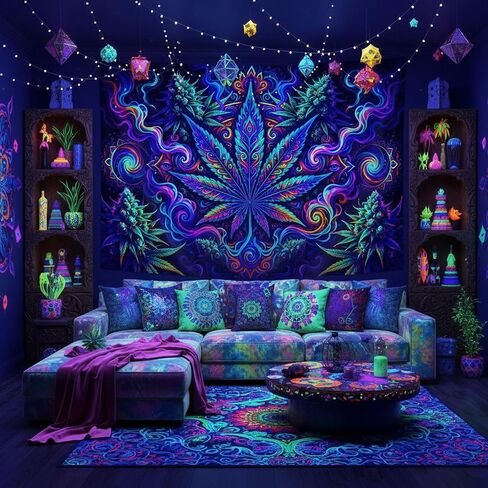 Lacoiime Blacklight Cool Trippy Weed Tapestry - UV Reactive Glow in the Dark Neon Marijuana Cannabis Leaf Wall Hanging, Vibrant Art Hippie for Bedroom, Living Room Decor 60X40 inch in Saudi Arabia