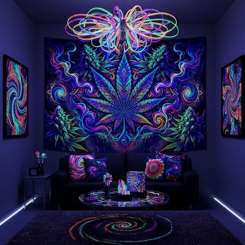 Lacoiime Blacklight Cool Trippy Weed Tapestry - UV Reactive Glow in the Dark Neon Marijuana Cannabis Leaf Wall Hanging, Vibrant Art Hippie for Bedroom, Living Room Decor 60X40 inch in Saudi Arabia