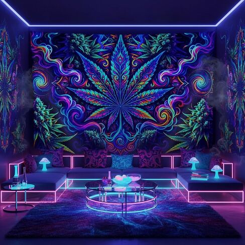 Lacoiime Blacklight Cool Trippy Weed Tapestry - UV Reactive Glow in the Dark Neon Marijuana Cannabis Leaf Wall Hanging, Vibrant Art Hippie for Bedroom, Living Room Decor 60X40 inch in Saudi Arabia