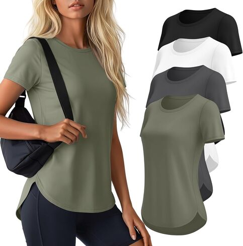 4 Pack Women's Workout Shirts UPF 50+ Athletic Breathable Short Sleeve Tops Quick Dry Split Hem Running Gym Yoga Tee in Kuwait