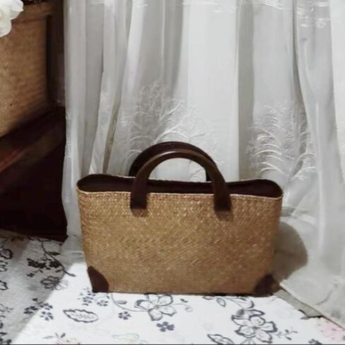 Qianly Handwoven Straw Handbag Handmade Woven Tote Backpack Purse with Wooden Handle And Lining Suitable for gift giving shopping beach daily use home in Saudi Arabia