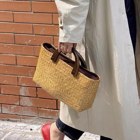 Qianly Handwoven Straw Handbag Handmade Woven Tote Backpack Purse with Wooden Handle And Lining Suitable for gift giving shopping beach daily use home in Saudi Arabia