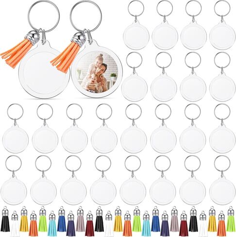 Yaomiao 25 Set Acrylic Photo Keychain with Tassel Clear Blank Custom Keychain Frame Holder Insert Picture Keyring Making Kit (Round) in Saudi Arabia