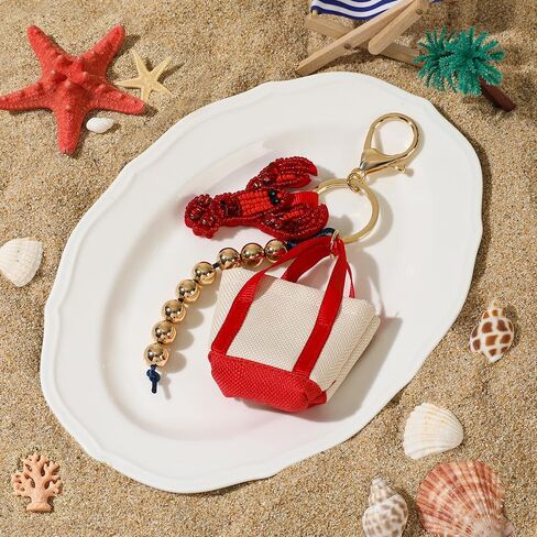 Summer Beach Keychain | Seashell Starfish Lobster Palm Tree Mini Woven Bag Charm | Vacation Travel Souvenir Gift in Saudi Arabia