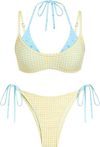 ZAFUL Women's Polka Dot Bikini Set Double Layer Halter Swimsuit Colorblock Side Tie 2 Piece Bathing Suit in Kuwait