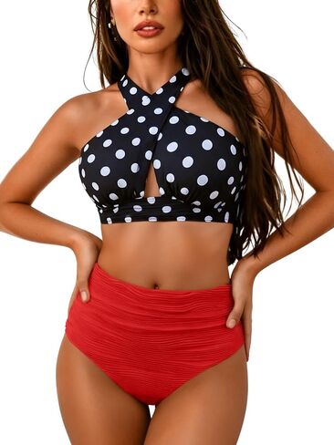 EHSUYAB Women Modest High Waisted Bikini Sets, Ruched Tummy Control Full Coverage Swimsuit, Two Piece Criss Coss Bathing Suit in Kuwait