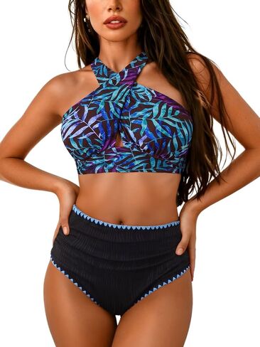 EHSUYAB Women Modest High Waisted Bikini Sets, Ruched Tummy Control Full Coverage Swimsuit, Two Piece Criss Coss Bathing Suit in Kuwait