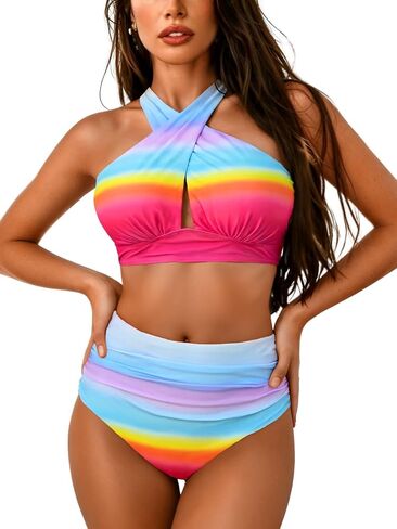 EHSUYAB Women Modest High Waisted Bikini Sets, Ruched Tummy Control Full Coverage Swimsuit, Two Piece Criss Coss Bathing Suit in Kuwait